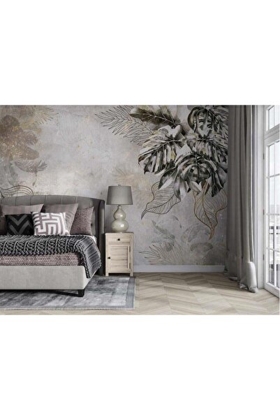 Genel Markalar Tropikal Yapraklar Duvar Kağıdı Gri - Gold Tonları