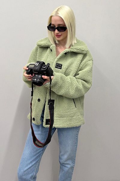 Madmext Green Leather Detailed Women's Plush Coat Mg2485