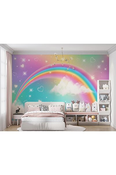 Özel Duvarlar Çocuk Odası Duvar Kağıdı Renkli Gökkuşağı Bulutlar ve Kalpler
