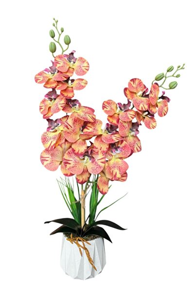 YAPAY ÇİÇEKÇİNİZ Beyaz Renkli Beton Saksıda 2 Dallı Islak Dokulu Yüksek Kaliteli Yapay Orkide