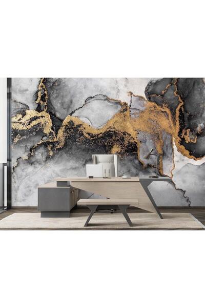 Özen Duvar Kağıtları Siyah - Gri - Gold Tonlarında Mermer Desenli Duvar Kağıdı