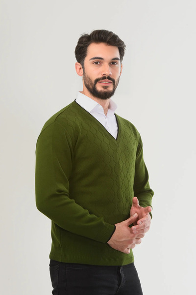 Kamalı Khaki Men's V-Neck Knitwear Long Sleeve Standard Fit Non-Pilling Knitwear Winter Knit Sweater