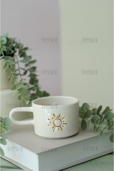 terraco ceramic Handmade Ceramic Mug Double Sided Yoga Sun Gold Detailed