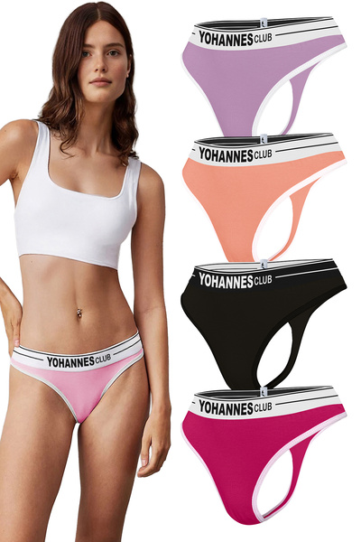 Yohannes Club Chiloți tanga pentru femei, cu centură de cauciuc, pachet de 4 multicolore, eleganti și funcționali