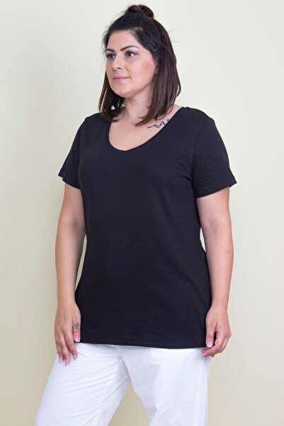 Şans Women's Large Size Black Cotton Fabric V-Neck Blouse 65n17529