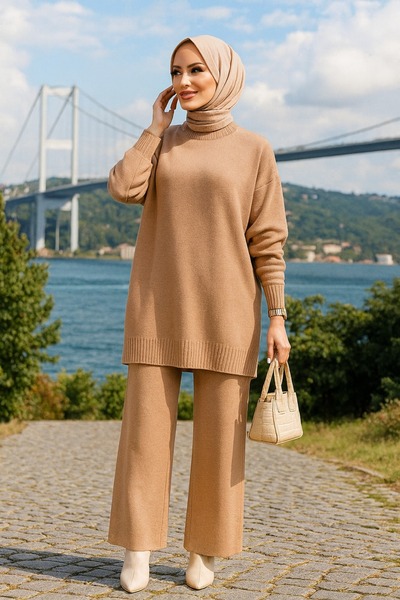 Neva Style Biscuit Hijab Knitwear Double Set 34341Bs