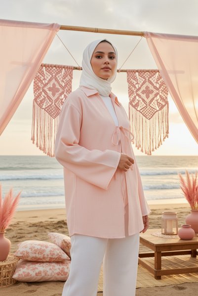 Zeneva Collection Light Salmon - 100% Cotton Pocketed Lace-Up Women's Hijab Kimono 1165-Tes