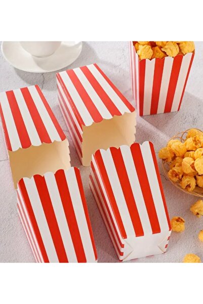 Deniz Party Store Kırmızı Beyaz Çizgili Karton Popcorn Mısır Cips Kutusu 8 Adet