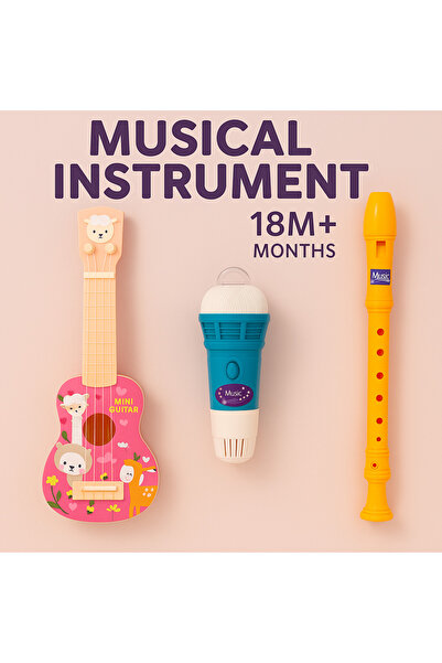 DmarQa مجموعة أدوات موسيقية للأطفال ٣ في ١ - جيتار صغير، ميكروفون، وفلوت مسجل