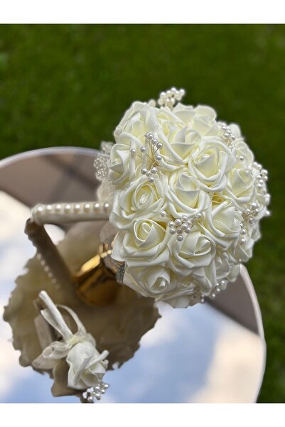 GÜRLEK TEKSTİL Yeni Sezon Koyu Ekru Lateks Incili Gelin Çiçeği Ve Damat Yaka ...