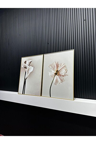 Tablomtr Beyaz Zerafet - Dijital Baskılı Gold Metal Çerçeveli Gerçek Camlı 2'li Dekoratif Tablo