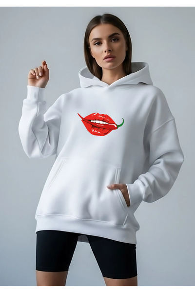Bheka Concept Hot Pepper and Lip Design Printed White Oversize Women's Hooded Sweatshirt Hoodie