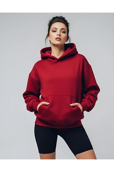 Generic Brand سويت شيرت بقلنسوة كبير الحجم للجنسين باللون الأحمر الداكن