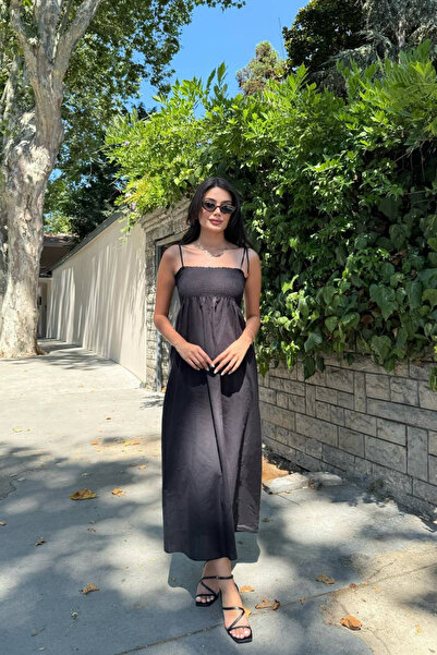 oshebu Pamuklu Uzun Yazlık Kadın Elbise - Omuzdan Bağlamalı Askılı Büzgülü Astarsız