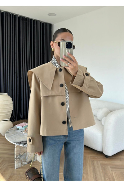 My Blog Beige Sakura Wide Collar Short Trench Coat - 7530