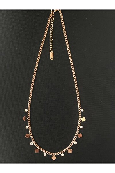 Rednose Işıldayan Zirkon Taşlı Sıralı Yonca Rose Çelik Kolye modern stil gece...