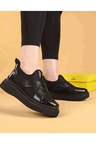 layki 0000068 SİYAH RENKLİ KROK DERİ LASTİKLİ PARAŞÜT KUMAŞ SNEAKER YÜRÜYÜŞ A...