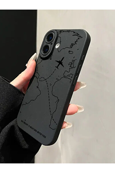 KVK PRİVACY İphone 16 Uyumlu Kılıf Mat Siyah Harita Desenli Darbelere Dayanıklı Yumuşak Kamera Korumalı Kapak