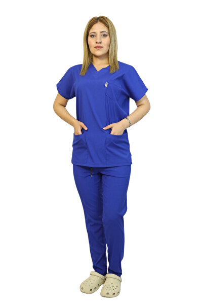 nutrix Sax Mavi Kadın Kalıp Likralı  Yarasa Kol Hemşire ve Doktor Forması Tak...