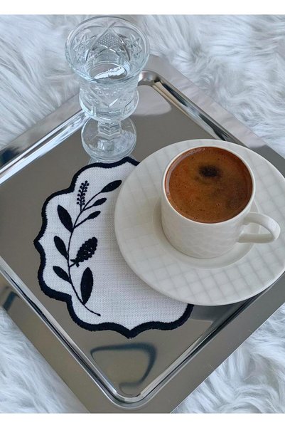 Mora Tekstil Black Colored Presentation Napkin, Cocktail Napkin, Coffee Side Presentation Napkin, Embroidered Presentation Napkin Set of 6