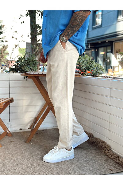 manch collection İtalyan Kesim Beli İpli Keten Pantolon Krem