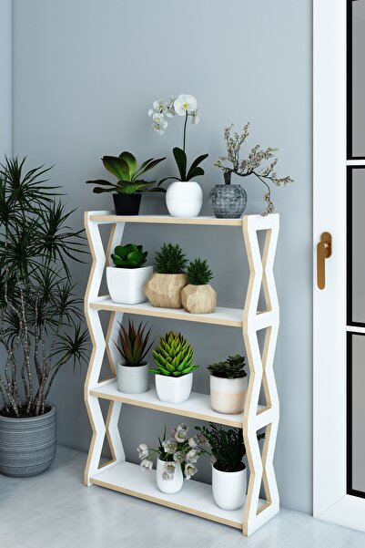 Jest Dekor Konsept Zühre Beyaz - 4 Katlı Ahşap Çiçeklik /Baharatlık-Mutfak Rafı, Çok Amaçlı Dekoratif Raf