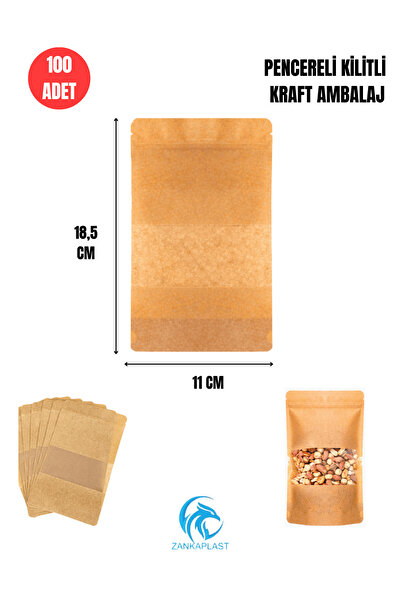 zankaplast Pencereli Kilitli Kraft Doypack 100 Adet - 11 CM X 18.5 CM