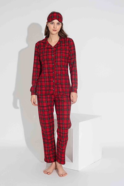 Mina Style anne-kız mevsimlik süet kırmızı ekoseli önden düğmeli pijama takımı