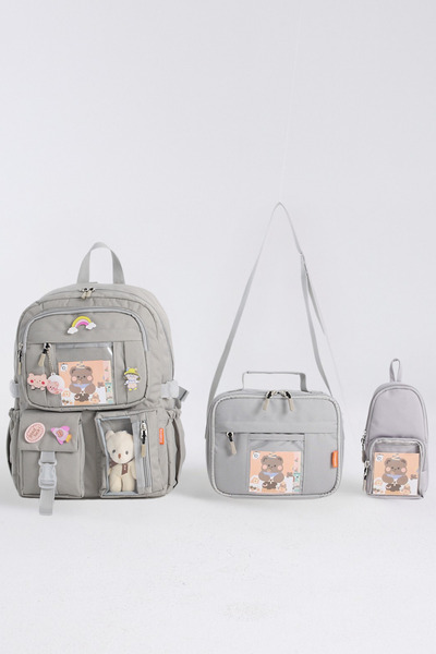 Roxbros Kawaii Kore Tarzı Aksesuarlı 3'lü Set Çocuk İlkokul Çantası Kalemlikl...