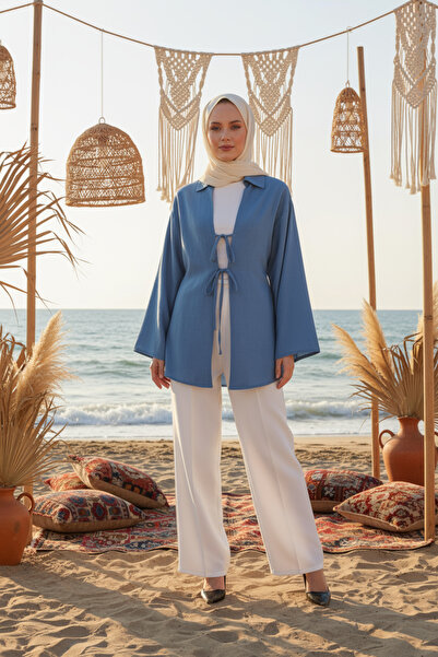 Zeneva Collection Albastru Indigo - Kimono Tesettür pentru femei, 100% bumbac...