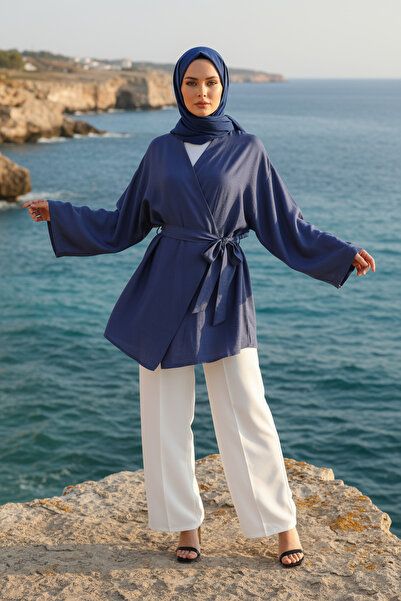 Zeneva Collection Albastru Indigo - Kimono Tesettür pentru femei din țesătură...