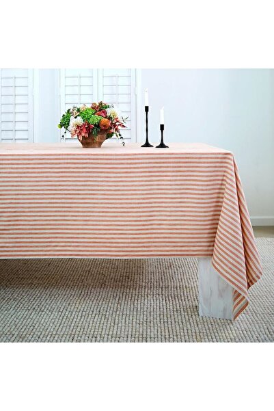 HOME ART ATELIER hand made مفرش طاولة من القطن الخام والكتان مخطط باللون البر...