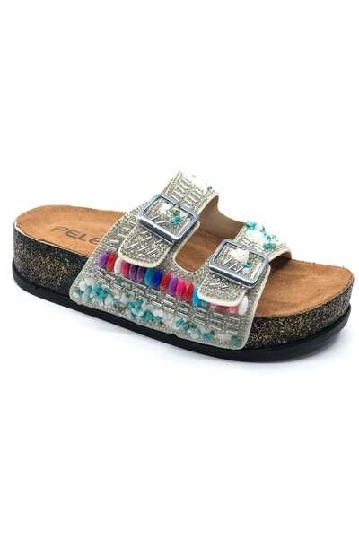 KCMN Feles Double Buckle Cork Sole Stone Detailed Women's Slippers Silver