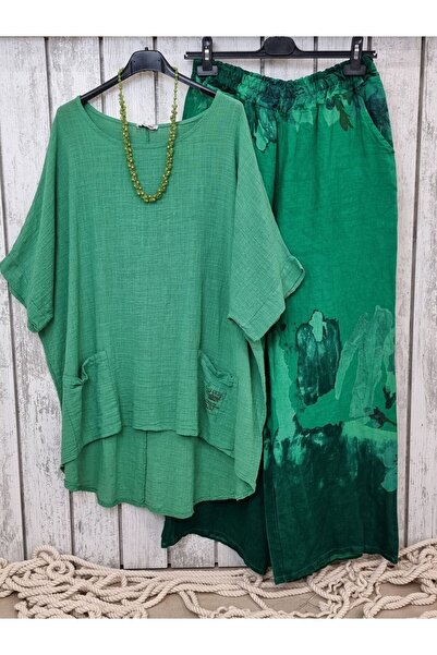 pudubutik Straight Cut Patterned Green Linen Trousers