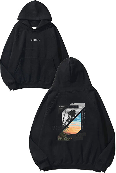 urbvn سويت شيرت بقلنسوة أسود كبير الحجم مطبوع بتصميم Summer Vibe 1