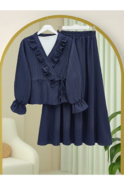 Modamorfo Kimono Set with Ruffled Collar and Tie Front Skirt - Navy