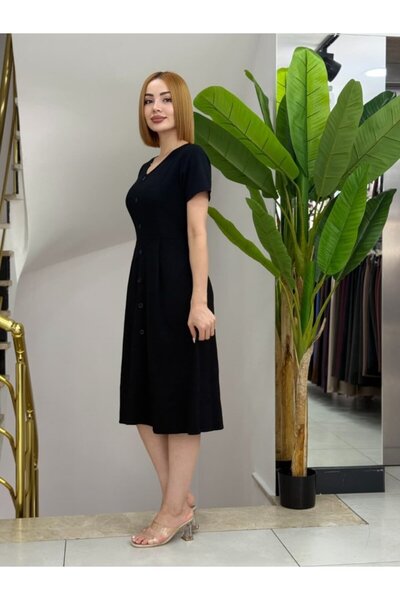 etol textile Women's Short Sleeve V Neck Front Button A-Line Woven Dress