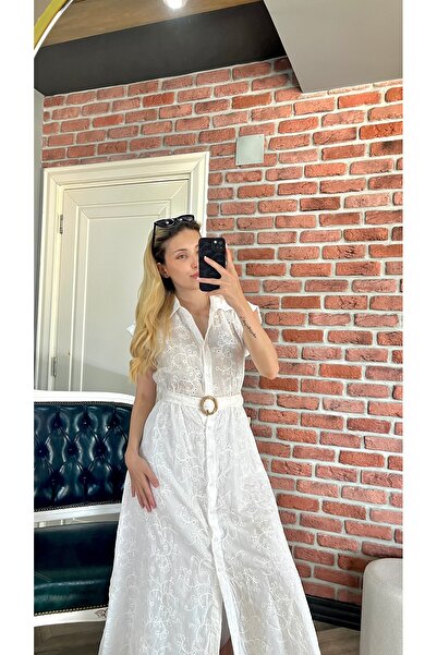 BRN Butik Fistolu Kemerli Düğmeli Gömlek Elbise