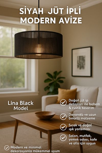 DNRYSL Lina Black Model Decorative Modern Jute Drawstring Chandelier, Rustic and Bohemian Lighting