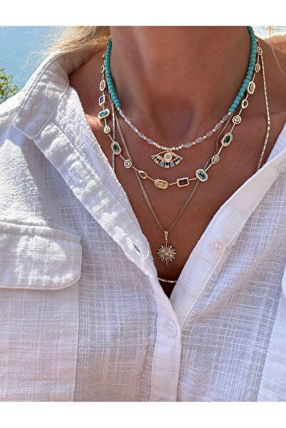 Vip Mavi Boncuklu Göz Detaylı Kolye 40 +5 cm