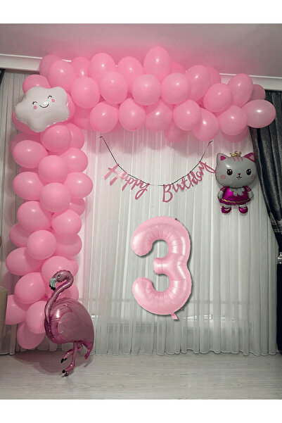 Bunloon 3 Yaş Pembe Doğum Günü Balon Seti – 60 Balon + Rakam 3 Folyo + Hello ...