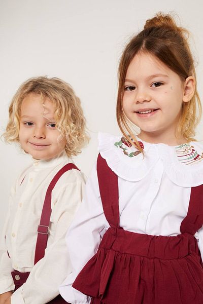 Pinkitokids Red Girl's Salopet and Embroidered Collar Shirt Set