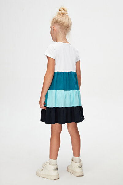 LOVETTI White + Dark Oil Bow Layered Colorful Girls Short Sleeve Dress