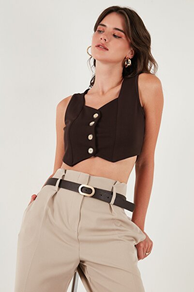 Lela Slim Fit Heart Collar Buttoned Thick Strap Crop Vest Vest 5865497