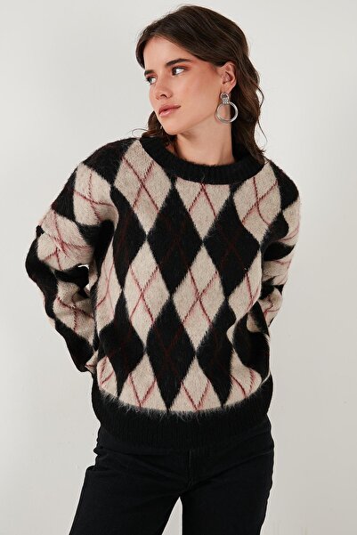 Lela Pulover cu textura moale cu model de romboi, cu decolteu crew, oversize, 4616223