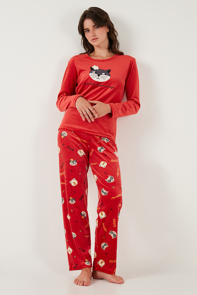 Lela Patterned Regular Fit Crew Neck Long Sleeve Pajama Set Pajama Set 65713312