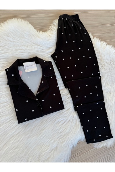 Pijamacs Black Tiny Heart Pattern Long Sleeve Soft Feeling Pajamas Set