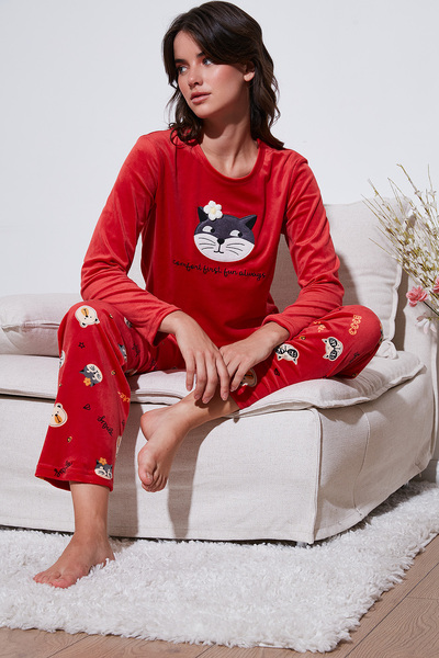 Lela Patterned Regular Fit Crew Neck Long Sleeve Pajama Set Pajama Set 65713312