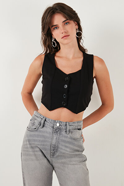 Lela Slim Fit Kalp Yaka Düğmeli Kalın Askılı Crop Yelek YELEK 5865497