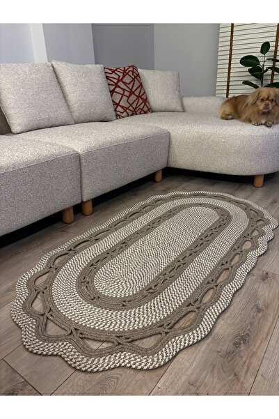 MaVaux Sarmaşık Model Oval Hasır Görünümlü Jüt Kilim Paspas Halı